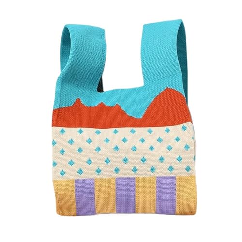 WEOKDFHA Knoten-Handgelenktasche Mode handgemachte gestrickte Handtasche lässige Farbe Plaid Einkaufstasche wiederverwendbare Einkaufstaschen Frauen Mini Knoten Handgelenk Tasche(Cloor-05) von WEOKDFHA