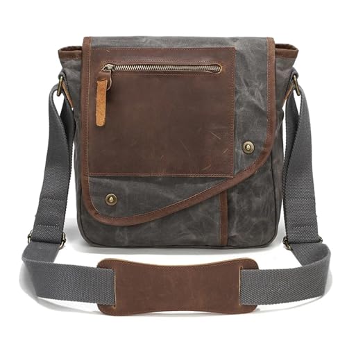 WEOKDFHA Messenger Bag Kleine Vintage-Umhängetasche for Herren, wasserdichte Reise-Umhängetasche, Umhängetasche aus gewachstem Canvas Leder(GRAY) von WEOKDFHA