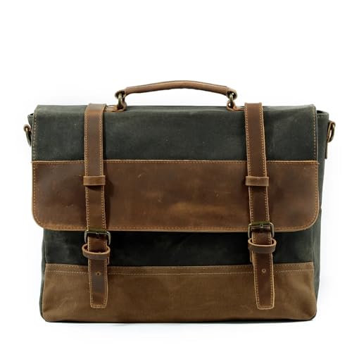 WEOKDFHA Messenger Bag Wasserdichte Ölwachs-Leinwand mit Leder-Aktentasche, Retro-Business-Herrentasche, Umhängetasche, tragbare Patchwork-Tasche(Green2) von WEOKDFHA