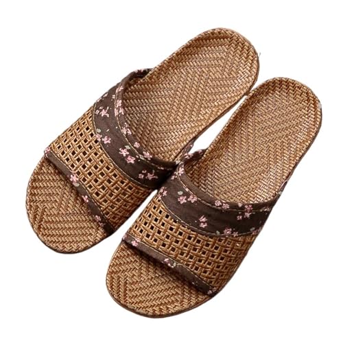 WEOKDFHA Stroh-Hausschuhe Für Damen Atmungsaktive Stroh Matte Schuhe Frau Hausschuhe Hause Leinen Slipper(Coffee,6.5-7.5(23.5-24cm)) von WEOKDFHA