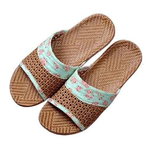 WEOKDFHA Stroh-Hausschuhe Für Damen Atmungsaktive Stroh Matte Schuhe Frau Hausschuhe Hause Leinen Slipper(Green,10-10.5(26-26.5cm)) von WEOKDFHA