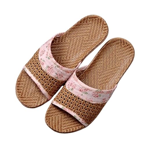 WEOKDFHA Stroh-Hausschuhe Für Damen Atmungsaktive Stroh Matte Schuhe Frau Hausschuhe Hause Leinen Slipper(Pink,6.5-7.5(23.5-24cm)) von WEOKDFHA
