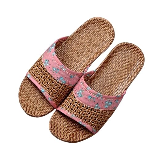 WEOKDFHA Stroh-Hausschuhe Für Damen Atmungsaktive Stroh Matte Schuhe Frau Hausschuhe Hause Leinen Slipper(Rose Red,8.5-9(24.5-25cm)) von WEOKDFHA