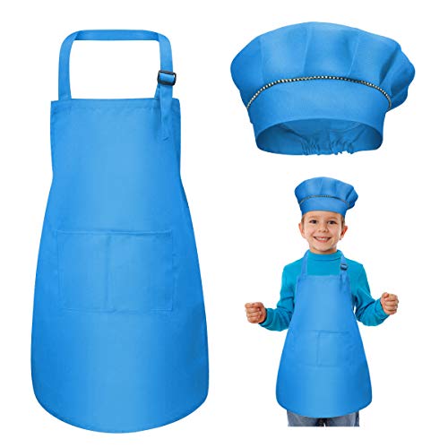 WEONE Kinder Schürze und Kochmütze Set, Kinder Einstellbare Kochschürze Kinderschürzen mit 2 Taschen für Jungen Mädchen, Kind Küchenschürzen für Küche Kochen Backen Malerei (7-13 Jahre) (Blau) von WEONE