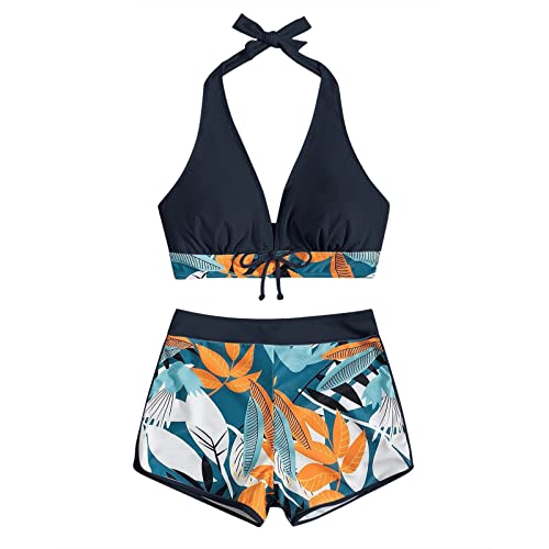 Badeanzug Damen Push Up Bikini Damen Set High Waist Bikini Short Hose Sport Badeanzug Damen mit Bügel Drucken Bademode Damen Dick String Bikini Bikini Rock Schwarz L von WEOPLKIN