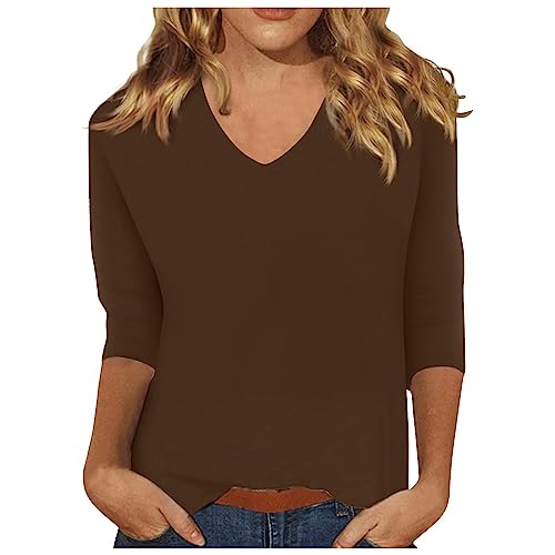 Bluse Damen Elegant Basic Shirt Damen V-Ausschnitt Shirt 3/4 Arm Damen T Shirt Damen Langarm Bedrucken Sommer Sweatshirt Lässig Tunika Oberteil blusen Damen braun XL von WEOPLKIN