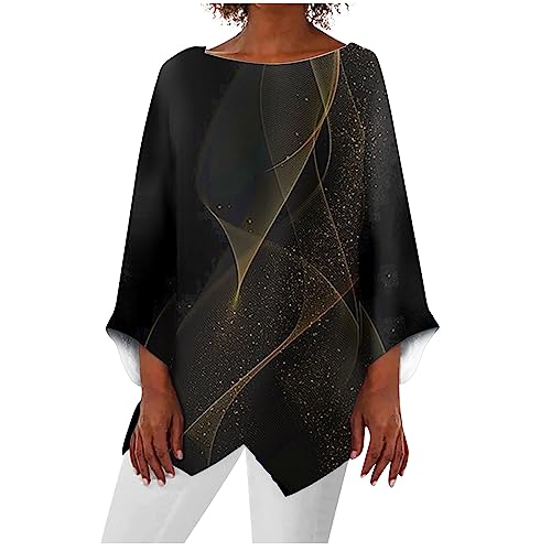 Bluse Damen Elegant Tunika Damen Langarm Sommer Langarmshirt T Shirt Bedrucken Oversize Shirt Damen Lose Rundhals Longbluse Damen Lässig für Leggings Damen Bluse elegant Gold XXL von WEOPLKIN