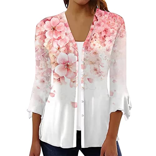 Damen Blusen Frühling Sommer Cardigan Shirt 3/4 Arm Lässig Tunika Damen Bedrucken Longbluse Damen Lässig für Leggings Thermo Shirt Damen Langarm pink M von WEOPLKIN