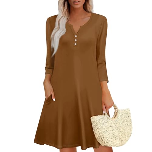 Damen Bohemian Langarm Kleid V-Ausschnitt Blumenmuster Tunikakleider A Linien Lose Lässiges Freizeitkleid MiniKleid braun XL von WEOPLKIN