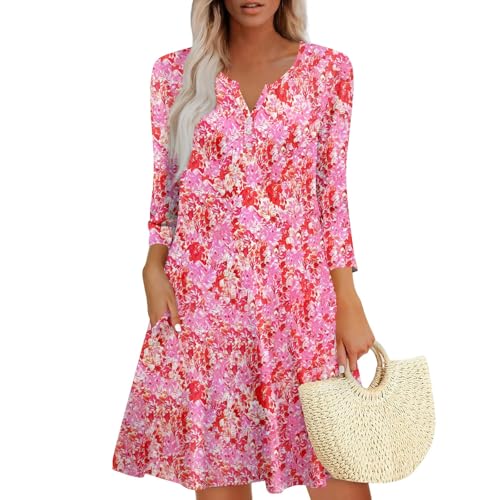 Damen Bohemian Langarm Kleid V-Ausschnitt Blumenmuster Tunikakleider A Linien Lose Lässiges Freizeitkleid MiniKleid pink L von WEOPLKIN