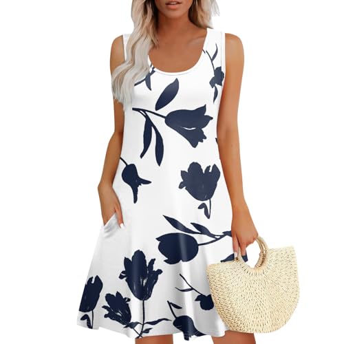 Damen Sommerkleid U-Ausschnitt Freizeitkleider Ärmellos Lässig Trägerkleid Sommer Mini Tank Kleider Elegant Kurz Strandkleider mit Taschen Weiß L von WEOPLKIN
