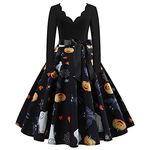 Halloween Kostüm Damen Vintage in Übergröße, lustiger Kürbis, gruselige Fledermaus, Mondschloss, Halloween-Kostüm, Vintage-A-Linie, Flare-Kleider Halloween Kleid Damen Schwarz L von WEOPLKIN