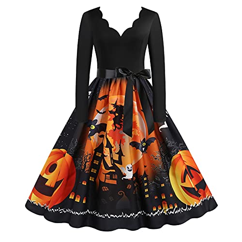 Halloween Kostüm Damen Vintage in Übergröße, lustiger Kürbis, gruselige Fledermaus, Mondschloss, Halloween-Kostüm, Vintage-A-Linie, Flare-Kleider Rockabilly Kleider Damen Halloween Schwarz M von WEOPLKIN