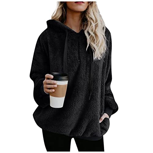 Hoodie Damen Sweatshirt Damen Kapuzenpullover Teddy-Fleece Pullover Herbst Winter Warm Oberteil Langarm Einfarbig Casual Sweatshirt Fleecepullover Damen Damen Jacken üBergangsjacken Schwarz M von WEOPLKIN