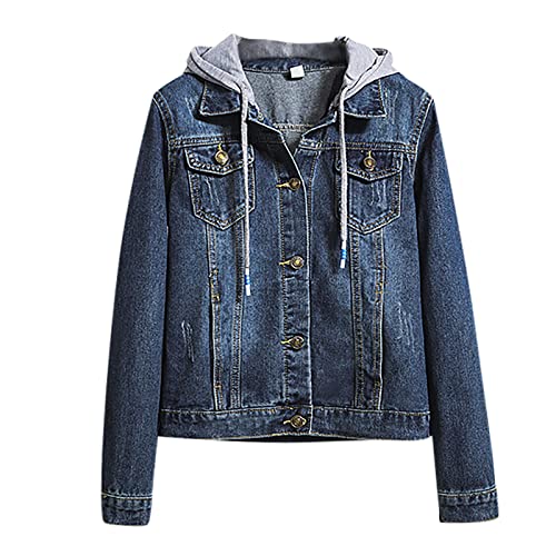 Jeansjacke Damen mit Kapuze Frauen Vintage Jean Mantel Übergangs Jeansjacke Jeans Jacken FüR Damen Herbst Jacken Sweatshirt Jacke Damen Mit Kapuze Sweatshirt Damen blau S von WEOPLKIN