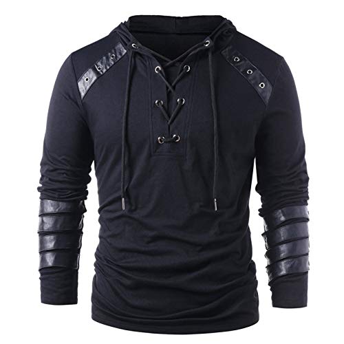 Langarmshirts Für Herren Henley Shirt Mittelalter Hemd Schnürhemd Hemden Freizeithemden Langarm T-Shirt Vintage Hoodie Spleißen von Leder Tshirt Herren Sweatshirt ohne Kapuze Schwarz L von WEOPLKIN