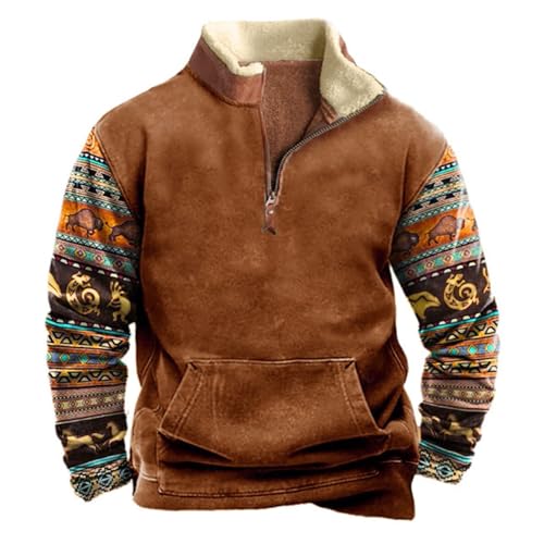 Pullover Herren Langarm Sweatshirt Herren Half Zip Pullover Herren Streetwear Vintage Patchwork Cowboy Sweatshirt Herren Ohne Kapuze Baseball Shirt XXL trainingsshirt weit braun XXL von WEOPLKIN