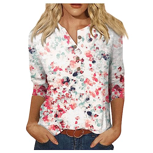 T Shirt Bedrucken Shirt Damen Elegant Shirt 3/4 Arm Damen Frühling Sommer Basic Langarmshirt Damen Lässig Blütenblatt Sportshirt Oberteile Sportshirt Damen Langarm Rot XXL von WEOPLKIN