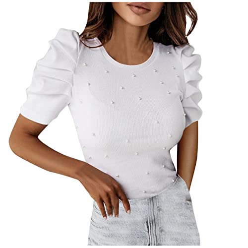 T Shirt Damen Bluse Damen Elegant Shirt Damen Kurzarm Puff Bluse Damen Sommer T Shirt Bedrucken BüRo Outfit Damen Rundhals Tunika Damen Oberteile Tshirt Damen Langarm Weiß XXL von WEOPLKIN