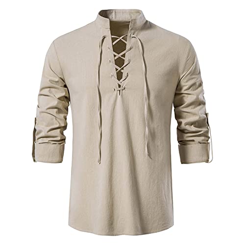 T-Shirts Für Herren Langarmshirt Hemd Herren Langarm Henley Shirts Einfarbig Basic Tshirt Leinenhemd Freizeithemden Langarm T Shirt Gym Shirt Herren Oversize Beige L von WEOPLKIN