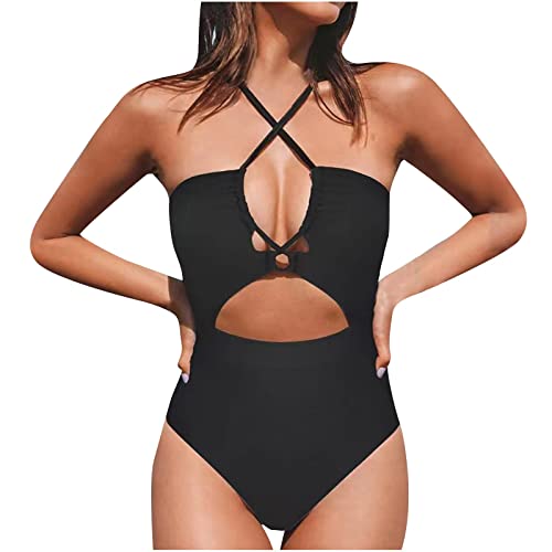 WEOPLKIN Badeanzug Damen Bauchweg Sexy Badeanzug Damen Sport Wickel Push Up Bademode Raffung Badeanzüge Cut Out Einteilige Strandmode Swimsuit Badeanzug sexy Schwarz M von WEOPLKIN