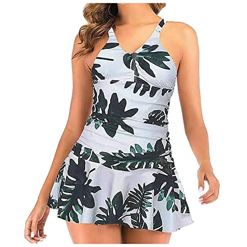 WEOPLKIN Badeanzug Damen Bauchweg V-Ausschnitt Elegant Monokini Damen Badeanzugkleid Badekleid Schwimmrock Retro Ruched Schwimmkleid Baderock Tankini Bikinis Girls Weiß M von WEOPLKIN