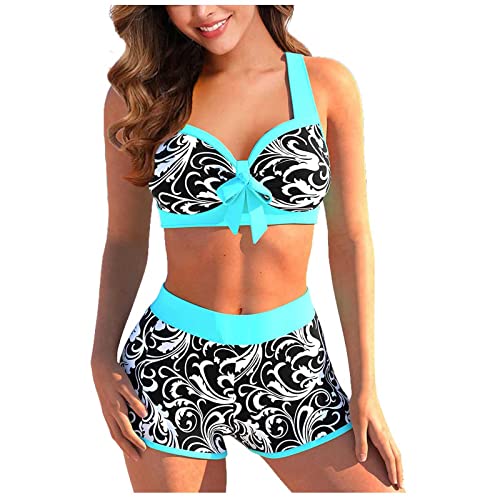 WEOPLKIN Badeanzug Damen Push Up Bikini Damen Set High Waist Bikini Short Hose Sport Badeanzug Damen mit Bügel Drucken Bademode Damen Dick String Bikini Bikini 3 teilig blau XL von WEOPLKIN