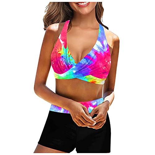 WEOPLKIN Badeanzug Damen Push Up Bikini Damen Set High Waist Bikini Short Hose Sport Badeanzug Damen mit Bügel Drucken Bademode Damen Dick String Bikini Push up Bikini Oberteil Violett S von WEOPLKIN