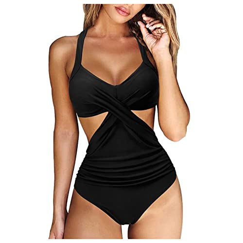 WEOPLKIN Badeanzug Damen Sexy Tiefer V-Ausschnitt Neckholder Bauchweg Monokini Rückenfrei Elegant Geraffte Bauchkontrolle Einteilige Bademode Swimsuit Push up Badeanzug Damen Schwarz XL von WEOPLKIN