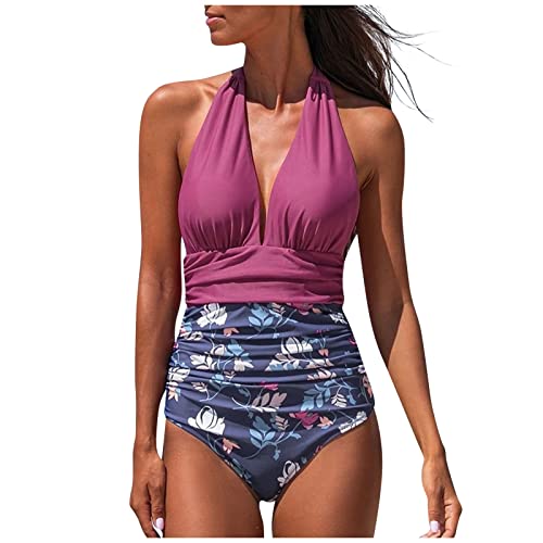 WEOPLKIN Badeanzug Damen Sexy Tiefer V-Ausschnitt Neckholder Bauchweg Monokini Rückenfrei Elegant Geraffte Bauchkontrolle Einteilige Bademode Swimsuit Sport Badeanzug Violett M von WEOPLKIN