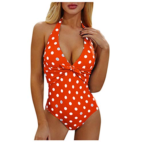 WEOPLKIN Badeanzug Damen Sexy Tiefer V-Ausschnitt Neckholder Bauchweg Monokini Rückenfrei Elegant Geraffte Bauchkontrolle Einteilige Bademode Swimsuit surf Badeanzug Orange XL von WEOPLKIN