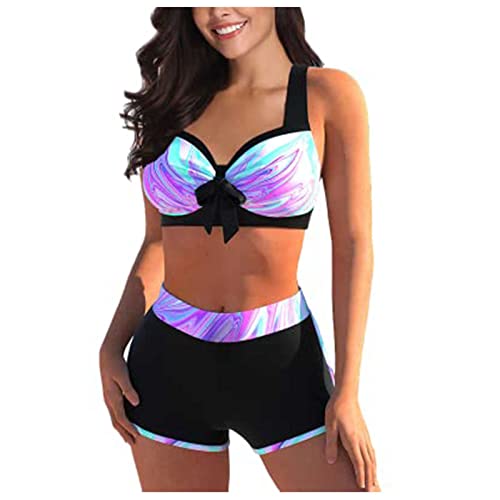 WEOPLKIN Bikini Damen Bauchweg Zweiteiliger Badeanzug V Ausschnitt überkreuztes Blumenmuster Bikini Oberteil Bademode Bauchkontrolle Bikini Sets asymmetrischer Badeanzug Violett 4XL von WEOPLKIN