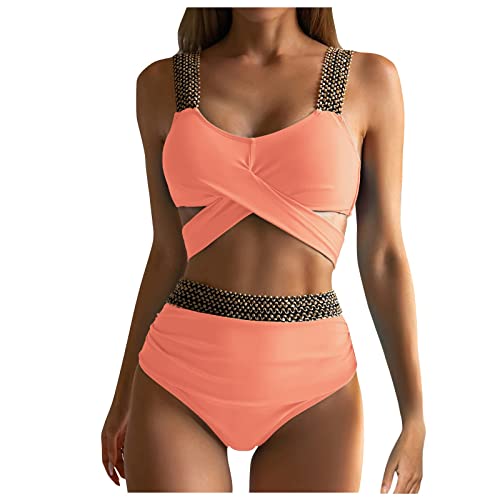 WEOPLKIN Bikini Damen Push Up Zweiteiler Bikini Damen Set High Waist Bikini mit frechem Unterteil Riemchen-Bikini Sport Bikini Damen Bademode badeanzüge für Damen Bauch Weg pink M von WEOPLKIN