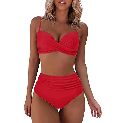 WEOPLKIN Bikini Damen Set Push Up High Waist Bikini Elegant Badeanzüge für Damen Swimsuit Drucken Zweiteiliger Badeanzug mit Bügel Triangel Bikini Swimsuit Bikini Oberteil schwarz Rot L von WEOPLKIN