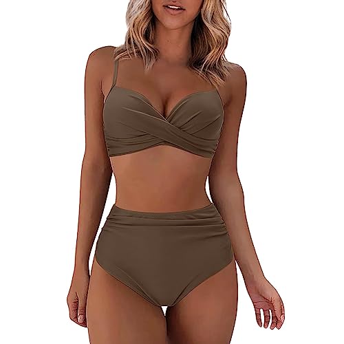 WEOPLKIN Bikini Damen Set Push Up High Waist Bikini Elegant Badeanzüge für Damen Swimsuit Drucken Zweiteiliger Badeanzug mit Bügel Triangel Bikini Swimsuit Bikini braun M von WEOPLKIN