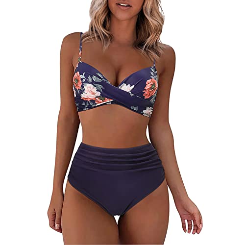 WEOPLKIN Bikini Damen Set Push Up High Waist Bikini Elegant Badeanzüge für Damen Swimsuit Drucken Zweiteiliger Badeanzug mit Bügel Triangel Bikini Swimsuit Sport Set Damen blau M von WEOPLKIN