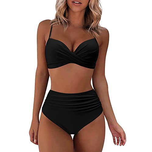 WEOPLKIN Bikini Damen Set Push Up High Waist Bikini Elegant Badeanzüge für Damen Swimsuit Drucken Zweiteiliger Badeanzug mit Bügel Triangel Bikini Swimsuit Swimsuit Schwarz XL von WEOPLKIN