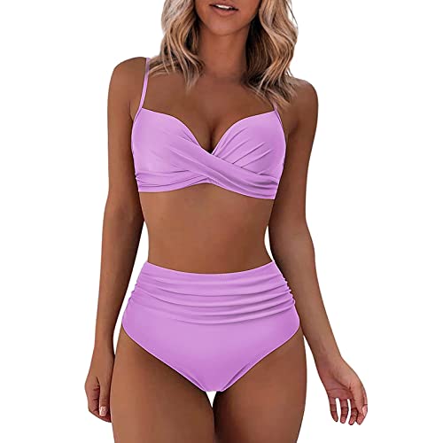 WEOPLKIN Bikini Damen Set Push Up High Waist Bikini Elegant Badeanzüge für Damen Swimsuit Drucken Zweiteiliger Badeanzug mit Bügel Triangel Bikini Swimsuit high Waist Bikini Violett L von WEOPLKIN