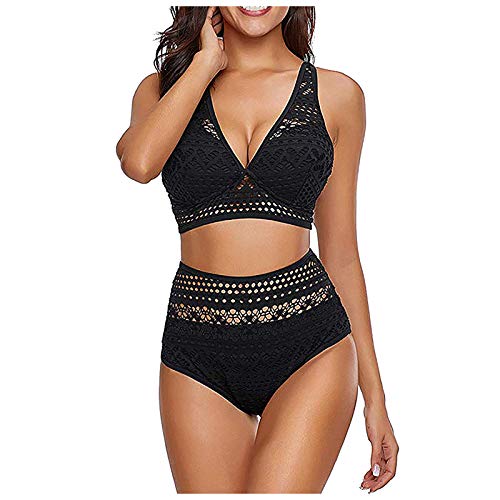 WEOPLKIN Bikini Damen Set Push Up Zweiteiler Bikini Sexy High Waist Bikini Badeanzug für Damen V Ausschnitt Oberteil Spitze Swimsuit Bohemia Bademode Underwear Badebekleidung für Damen Schwarz XL von WEOPLKIN