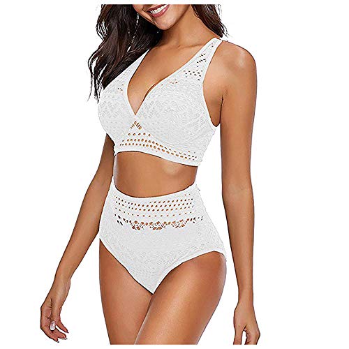 WEOPLKIN Bikini Damen Set Push Up Zweiteiler Bikini Sexy High Waist Bikini Badeanzug für Damen V Ausschnitt Oberteil Spitze Swimsuit Bohemia Bademode Underwear Bikini Damen bauchweg Weiß M von WEOPLKIN