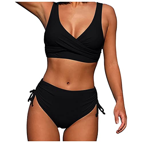 WEOPLKIN Bikini Damen Set Push Up Zweiteiler Bikini Sexy High Waist Bikini Badeanzug für Damen V Ausschnitt Oberteil Spitze Swimsuit Bohemia Bademode Underwear Bikini Damen sexy Schwarz S von WEOPLKIN