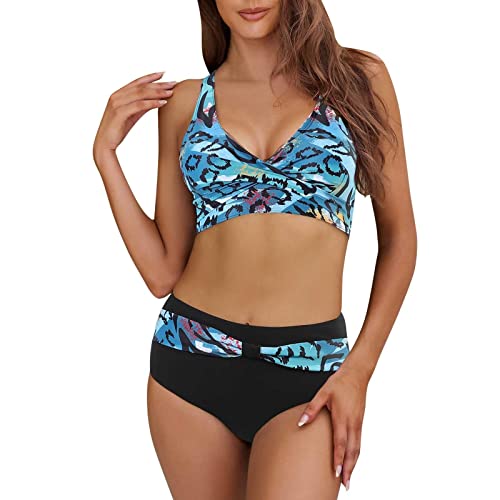 WEOPLKIN Bikini Damen Set Push Up Zweiteiler Bikini Sexy High Waist Bikini Badeanzug für Damen V Ausschnitt Oberteil Spitze Swimsuit Bohemia Bademode Underwear bauchweg Badeanzug Damen blau XXL von WEOPLKIN