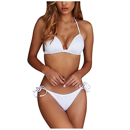 WEOPLKIN Bikini Damen Sexy Brazilian Bikini Damen Set Triangel String Oberteil Bikini Tanga Bademode Riemchen-Bikini Bademode Swimsuit Zweiteiliger Badeanzug Badeanzug Damen Sport Weiß L von WEOPLKIN