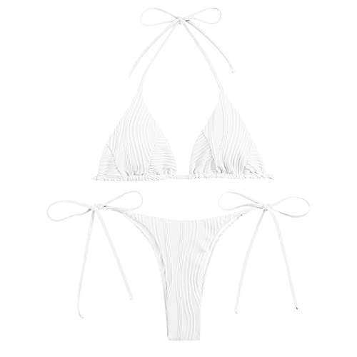 WEOPLKIN Bikini Damen Sexy Brazilian Bikini Damen Set Triangel String Oberteil Bikini Tanga Bademode Riemchen-Bikini Bademode Swimsuit Zweiteiliger Badeanzug Tankini rot Weiß S von WEOPLKIN