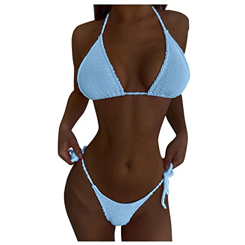 WEOPLKIN Bikini Damen Sexy Brazilian Bikini Damen Set Triangel String Oberteil Bikini Tanga Bademode Zweiteiler Bikini Damen Set Bikinis für Damen blau L von WEOPLKIN