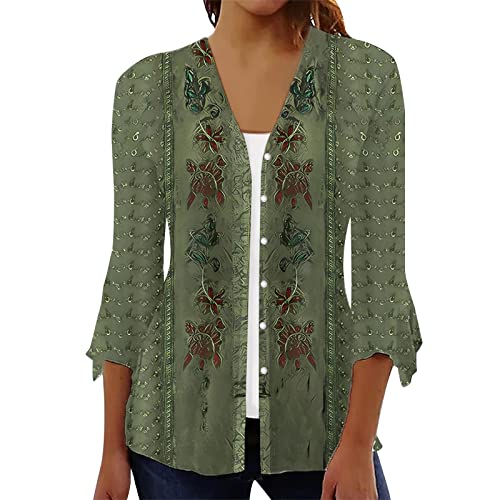 Damen Blusen Frühling Sommer Cardigan Shirt 3/4 Arm Lässig Tunika Damen Bedrucken Longbluse Damen Lässig für Leggings rote Bluse Grün S von WEOPLKIN