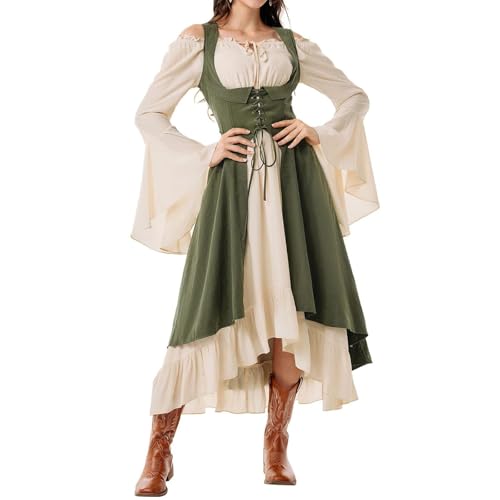 WEOPLKIN Damen Off Shoulder Mittelalterliches Kleid mit Glockenärmeln Damen Renaissance Corsagenkleid Maxikleid Grün S von WEOPLKIN