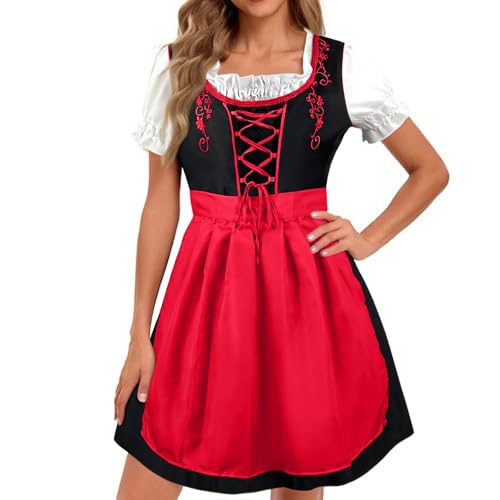 WEOPLKIN Dirndl Damen mit Blumenmuster Brustteil, Blauschlauem Bindschnur Design, Puffärmeln mit Spitze, Oktoberfest Trachtenkleid Elegant Retro Dirndlkleider Rot XXL von WEOPLKIN
