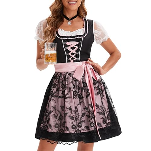 WEOPLKIN Dirndl Damen mit Blumenmuster Brustteil, Blauschlauem Bindschnur Design, Puffärmeln mit Spitze, Oktoberfest Trachtenkleid Elegant Retro Dirndlkleider Schwarz L von WEOPLKIN