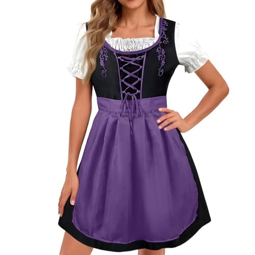 WEOPLKIN Dirndl Damen mit Blumenmuster Brustteil, Blauschlauem Bindschnur Design, Puffärmeln mit Spitze, Oktoberfest Trachtenkleid Elegant Retro Dirndlkleider Violett L von WEOPLKIN